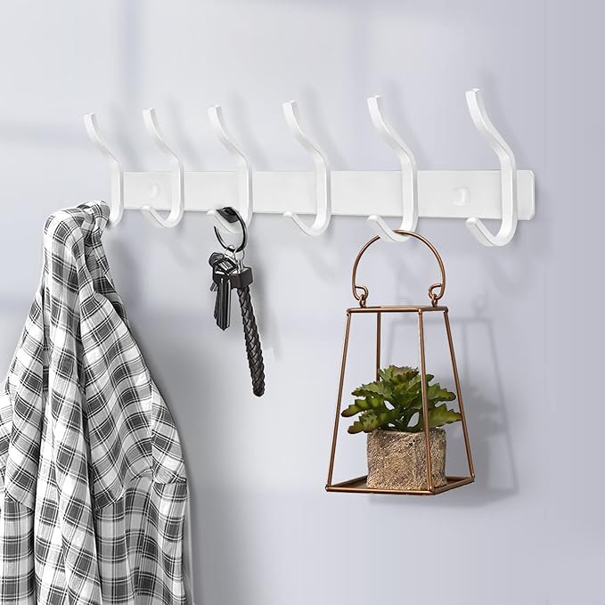 HAMUTH White Wall Hooks Heavy Duty, 17 Inch Coat Hooks Wall Mount with 6 Hooks,2 Packs Wall Hooks Hangers for Entryway, Bathroom - for Hanging Backpack, Bag, Coat, Purse, Hat, Towel, Clothes