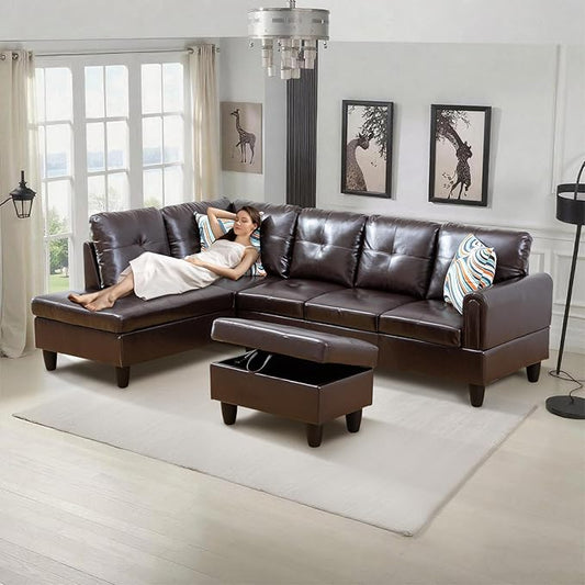 L-Shape 3-Piece Cloud Sofa, Couch for Living Room, Brown Faux Leather L-Shape with Reversible Chaise & Storage Ottoman, Ergonomic 110–115° Recline, Solid-Wood Frame