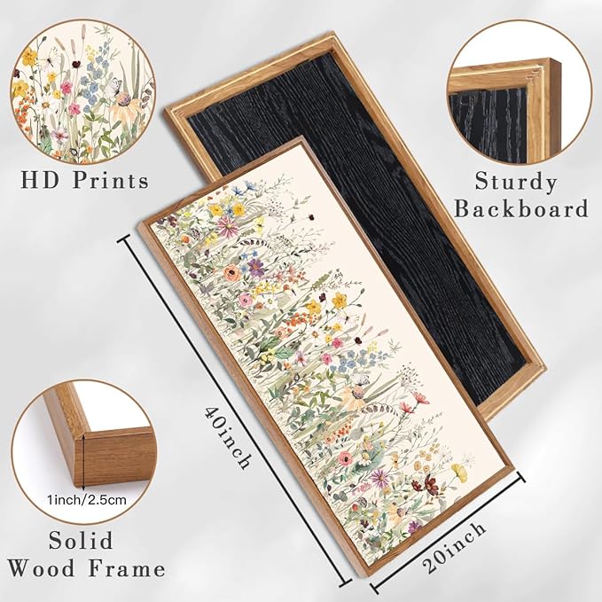 Large Floral Wall Art Decor Framed Colorful Wildflower Painting Pictures for Living Room Bedroom 40x20 Inches