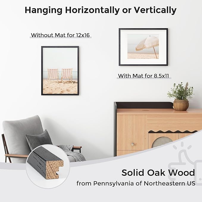 Axeman 12x16 Picture Frame with Mat for 8.5x11, Solid Oak Wood Frame w/Tempered Real Glass, Wooden Certificate Document Frame Horizontal and Vertical Formats for Wall with Wall Hook Included, Black