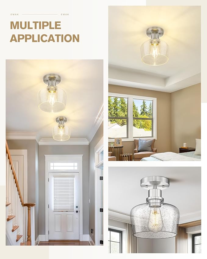 Emak Modern 8 Inch Ceiling Light Fixtures, Brushed Nickel Semi Flush Mount Ceiling Light with Seeded Glass Shade, Flush Mount Light Fixture for Bathroom, Bedroom, Kitchen, Hallway, FM122-BN-SG