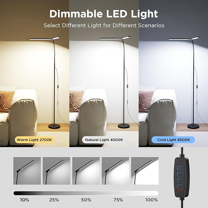 24W Ultra-Bright LED Floor Lamp for Living Room, 2400LM Double Head Craft Light with Adjustable Panels Gooseneck Lamp, Tall Standing Lamp for Office/Reading/Bedroom/Piano/Tattoo/Sewing/Puzzle/Lash