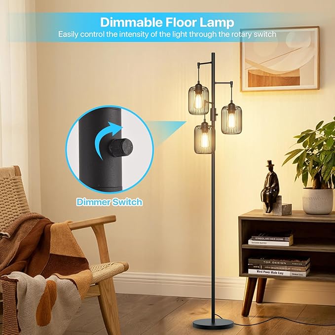 Floor Lamps for Living Room Dimmable Floor Lamp with Cage Shade 70'' Standing Lamps for Living Room Corner Floor Light with 3 LED Bulbs Rustic Floor Lamp for Bedroom Office Industrial Modern