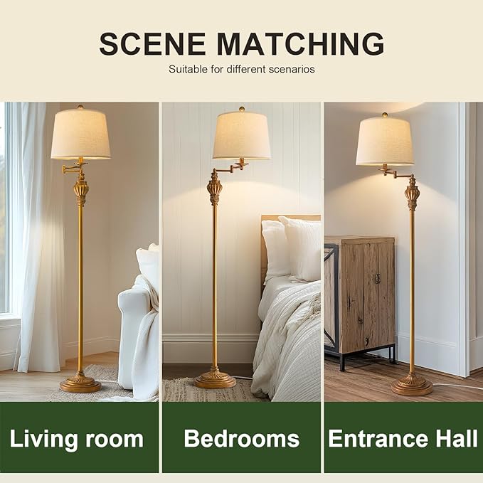 61" Vintage Floor Lamp with 350° Adjustable Swing Arm, Gold Standing Lamp for Bedroom Living Room Nightstand Bedside Retro Farmhouse Mid Century Lamp Light Home Décor Office Gifts