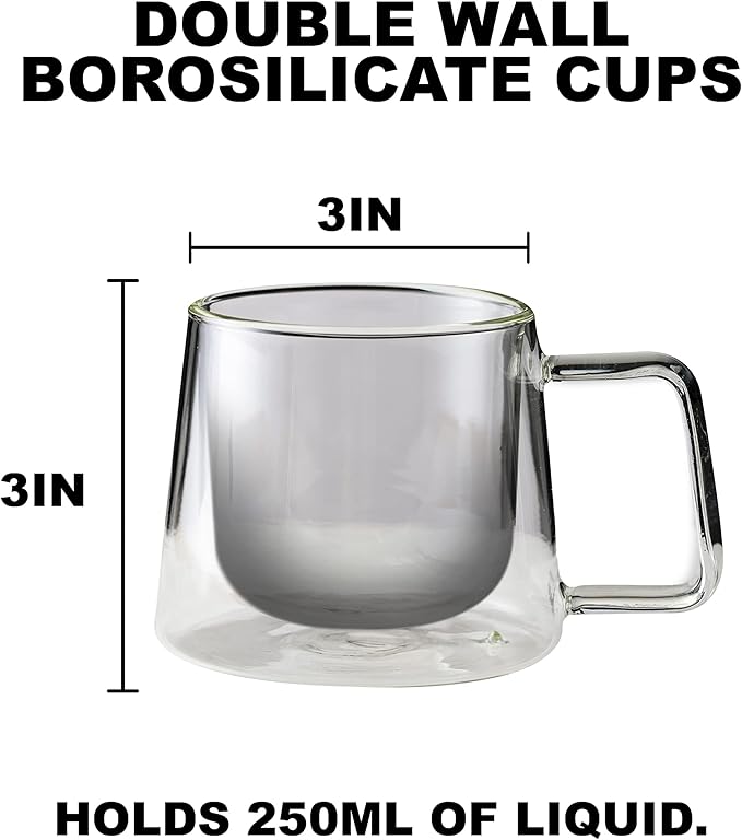 LEMONSODA Double Walled Glass Coffee Drink Mug with Handle - Set of 2 (250 mL / 8.5 fl. oz) Insulated Thermal Mugs Glasses For Tea, Coffee, Latte, Cappucino, Cafe, Milk - Housewarming Gifts