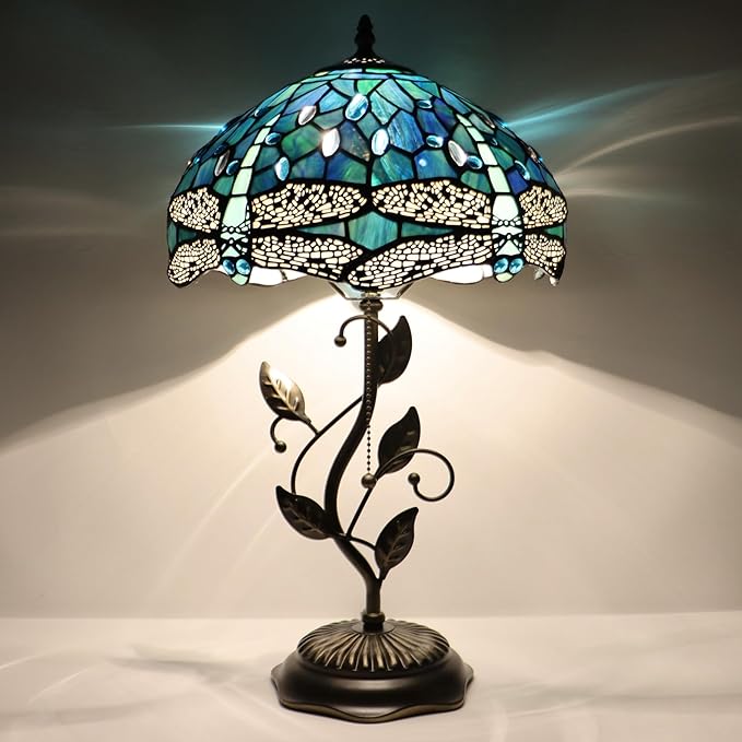 Tiffany Table Lamp, Stained Glass Desk Light, W12H19 Inch, Metal Leaf Base (Dragonfly Style)
