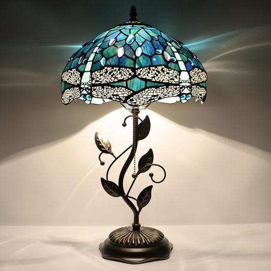Tiffany Table Lamp, Stained Glass Desk Light, W12H19 Inch, Metal Leaf Base (Dragonfly Style)