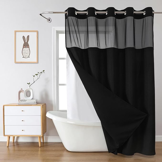 Black Extra Long No Hook Waffle Weave Shower Curtain with snap-in Liner Replacement, 230GSM Waterproof Fabric Hotel Shower Curtain Set for Bathroom, Through Mesh Top Window,71Wx86H