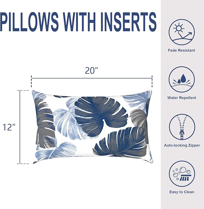 Outdoor/Indoor Lumbar Pillows, Water Repellent Cushion Pillows, 12x20 Inch, Outdoor Pillows with Inserts for Home Garden, Pack of 2, Monstera Blue