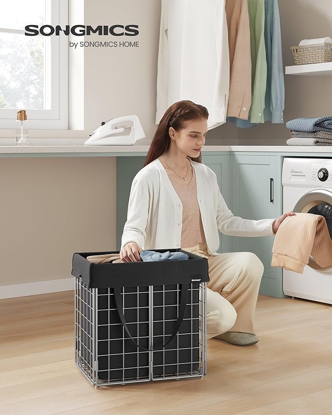 SONGMICS Laundry Hamper, 11 Gal. (50L) Laundry Basket, Collapsible Clothes Hamper, Removable and Washable Liner, Metal Wire Frame, for Bedroom Bathroom, Silver and Classic Black ULCB150B01