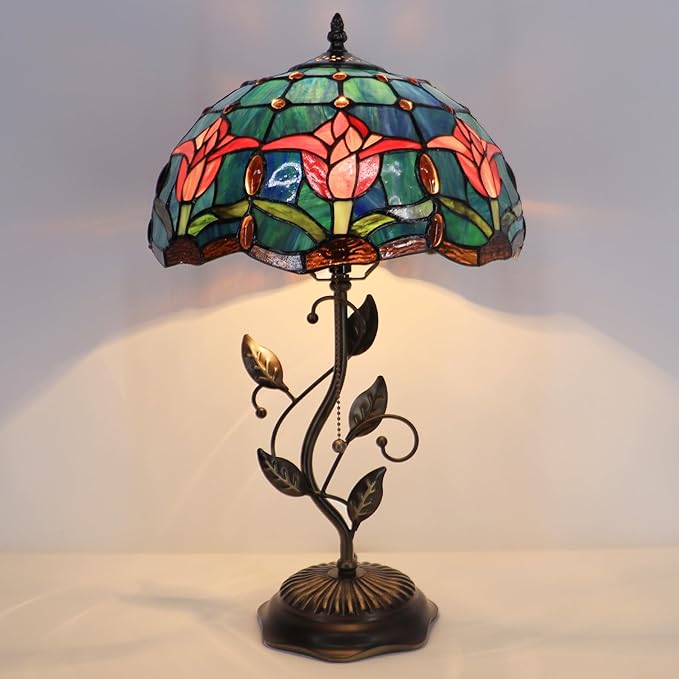 Tiffany Table Lamp, Stained Glass Desk Light, W12H19 Inch, Metal Leaf Base (Tulip Style)
