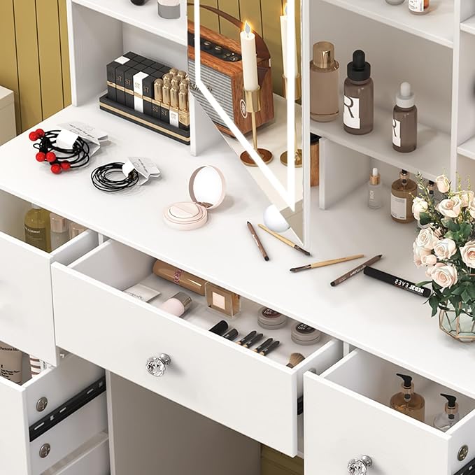 Large Vanity Table, Makeup Vanity with Mirror and LED Lights, 7 Drawers 8 Open Shelves, Crystal Handle, Hollywod Vanity Table for Girls and Women,100 * 40 * 140cm, Modern White