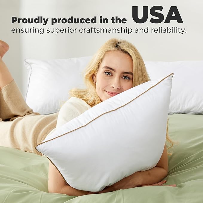 Dreamhood Goose Feather Down Pillows for Sleeping Soft Bed Pillow Queen Size Set of 2 for Twin Bed Made in USA with 100% Cotton Cover 20 x 30 Inches Stomach or Side Sleeper