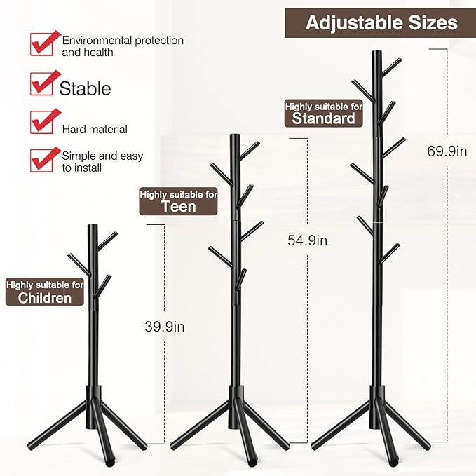 2 PCS Coat Rack, Freestanding Coat Rack with 8 Hooks and 3 Adjustable Size Tree Coat Racks for Bedroom, Hallway, Entrance, Office, for Hats, Coats, Scarves, Handbags