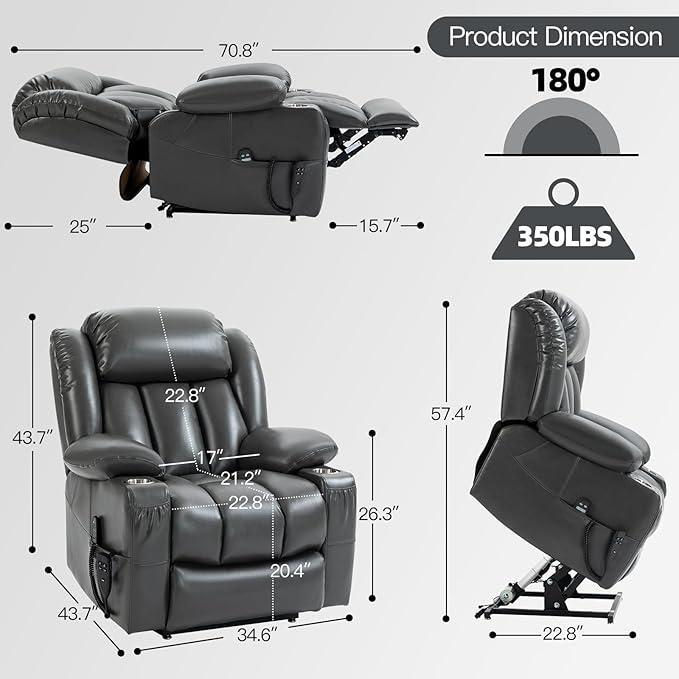 Lay Flat Lift Recliner Chair with Massage & Heat for Elderly People, Electric Power Lift Chair w/Dual Motor, 2 Stainless Steel Cup Holders and 2 Remote Controls, Breathable Faux Leather Grey