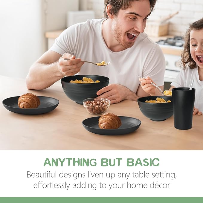 Teivio 80-Piece Kitchen Plastic Wheat Straw Dinnerware Sets for 8, Dinner Plates, Plates and Bowls Sets,Cups, Flatware, Dishwasher Safe, Unbreakable Apartment Outdoor Camping Dishes, Black