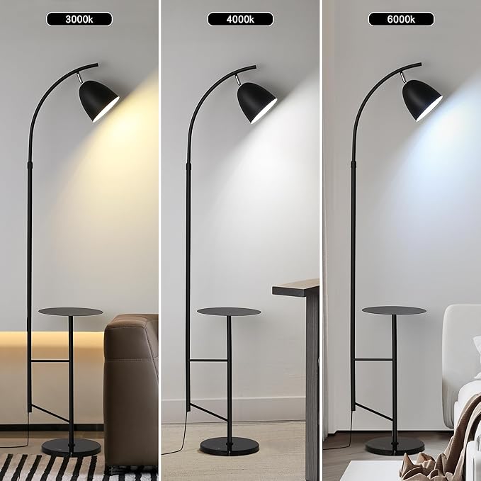 O'NEELDY Floor Lamp with Table Black Floor Lamp Modern Floor Lamp Bedroom with Table Attached Modern Dimmable Lamps for Living Room 71" Height Standing Lamps for Office Reading Room,E26 Bulb Included