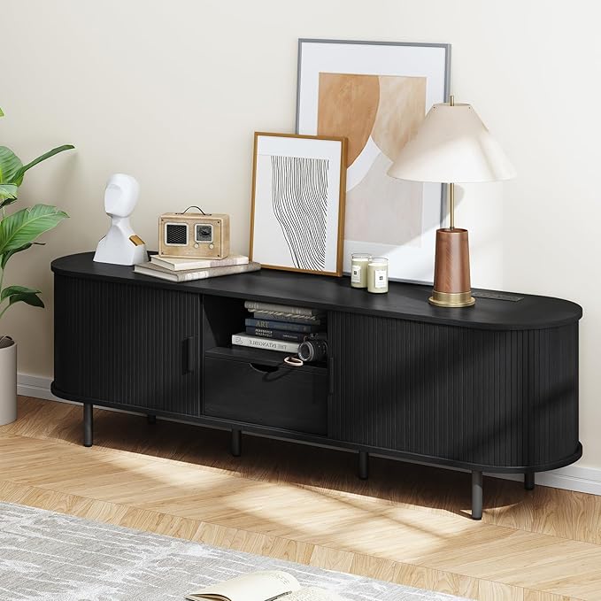 69" TV Stand with Power Outlet for TVs up to 80", Entertainment Center with Storage and Drawer, TV Console with Adjustable Shelves and Sliding Door, TV Stand for Living Room, Bedroom, Black