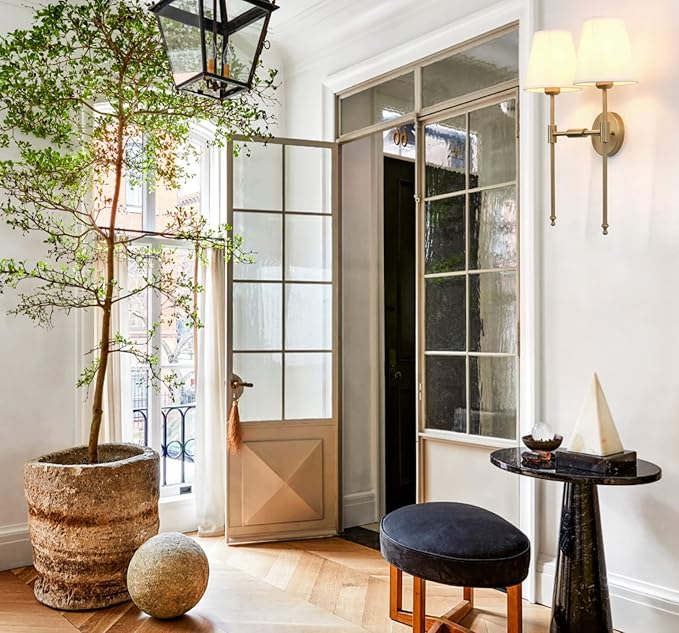 PERMO Classic Rustic Double Sconce 2-Lights Wall Sconce Lighting Fixture with Flared White Textile Lamp Shade and Antique Brass Finished Long Arm,Wall Sconce Light Fixture for Bathroom Bedroom