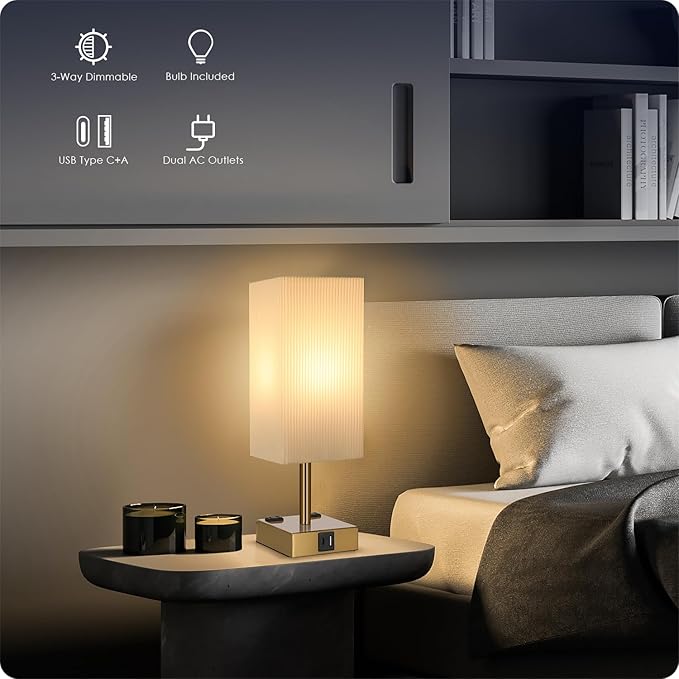 Bedside Lamp with USB Ports - Touch Control Table Lamp for Bedroom with USB C+A Ports & AC Outlets, 3 Way Dimmable Nightstand Light with Pleated Shade for Living Room(Bulb Included)