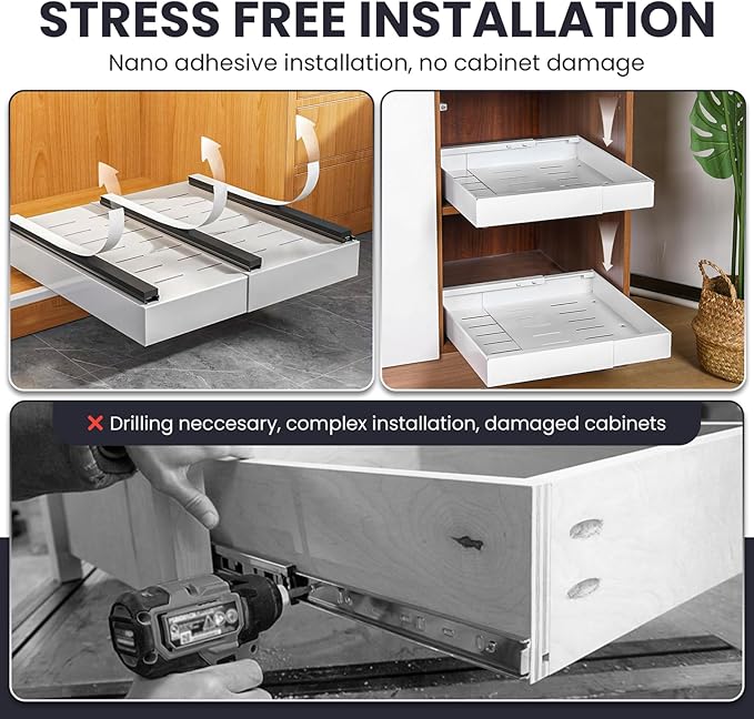 Pull Out Cabinet Organizer – Adjustable Sliding Shelf Inserts for Cabinets - Expandable Shelf Organizer from 12.6" to 20.5" – No Drill or Screw Install (White, 2 pack)