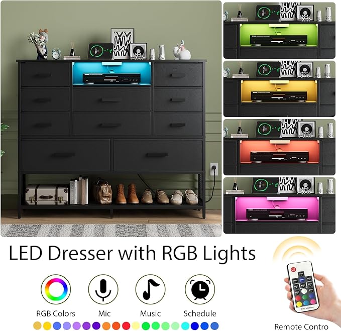 Black Dresser for Bedroom with 10 Drawers, Chest of Drawers with Charging Station, TV Stand Storage with LED Light for 55" TV, Fabric Drawers with PU Finish, Dresser with Shelves for Closet