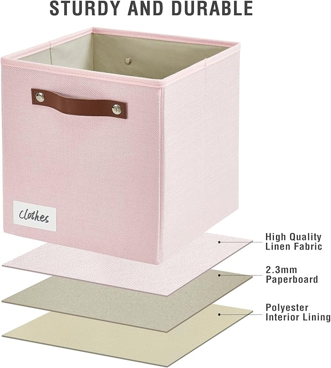 Collapsible Fabric Storage Cube Bins with 2 Reinforced PU Handles, Foldable Storage Organizer Baskets for Closet, Shelves, Living Room | 11"x11"x11", 4 Pack, Full Pink