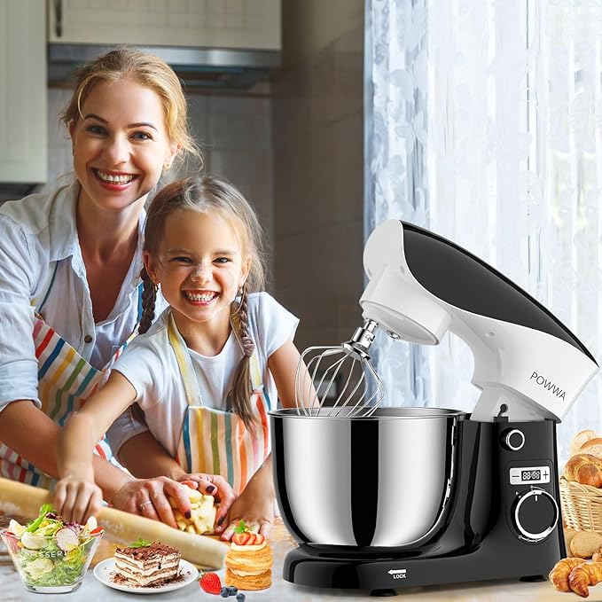 Stand Mixer, POWWA 6.5 QT 10 Speeds Tilt-Head Electric Stand Mixer, 3-In-1 Kitchen Mixer with Bowl, Dough Hook, Whisk and Beater, Food Mixer for Baking and Daily Use (Black White)