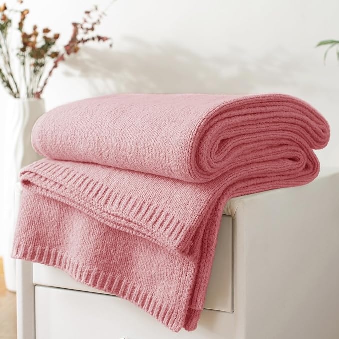 Carriediosa Wool Blend Knit Throw Blanket 60" X 80", 50% Recycled Polyester Soft Cable Knitted Fluffy Throws for Couch Lightweight Woven Blankets for Sofa Fuzzy Cozy Bed Cover, Pink