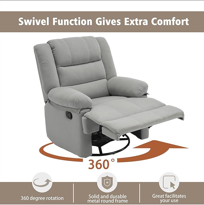 Swivel Rocking Recliner Chair for Adults, Overstuffed Manual Rocker Nursery Recliner Glider, Upholstered Fabric Reclining Single Sofa Chair for Living Room (Light Grey)