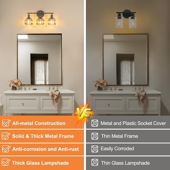 Bathroom Light Fixtures, 3-Light Black Vanity Wall Light Over Mirror with Amber Tulip Glass Shade for Bedroom Living Room