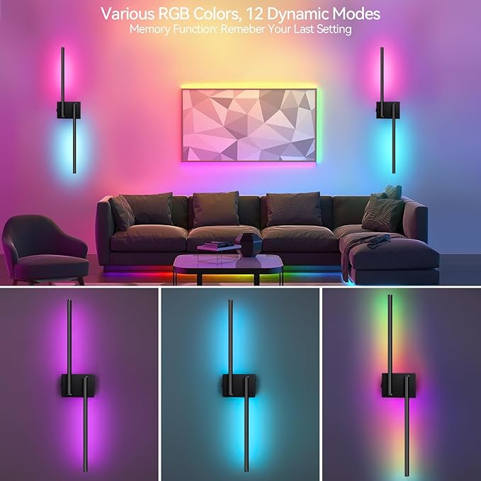 Battery Operated Wall Sconce, 12 Dynamic Modes Wall Sconces Set of Two Battery Operated, 32H Using Time Rechargeable Battery Operated Wall Lights, LED Wireless Sconces for Bedroom 210°Rotate