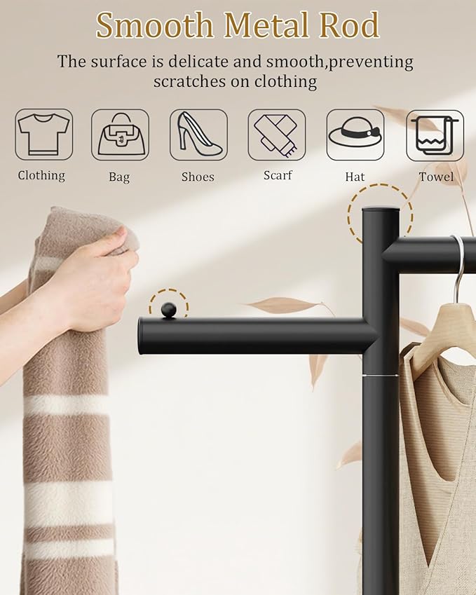 Garment Rack, Freestanding Metal Coat Racks, Z-shaped Coat Tree with Natural Rock Base, for Bedroom, Office, Hallway, Entryway, Living Room, 68.9in, Black