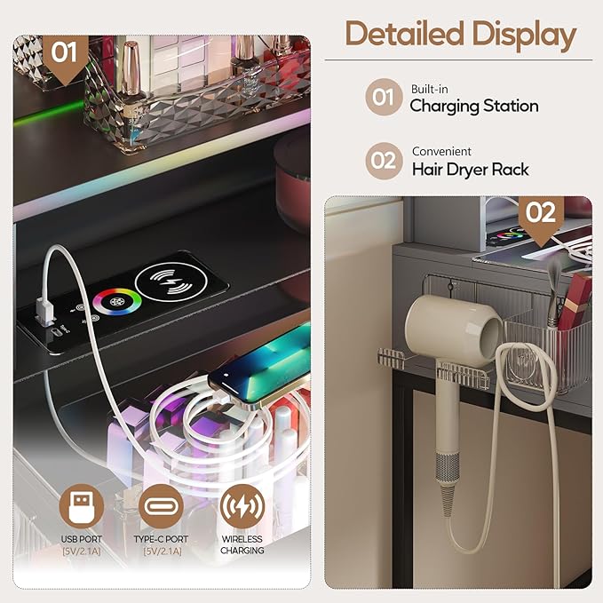 RGB Vanity Desk with Mirror and Lights, Glass Top Makeup Vanity with 6 Drawers & Wireless Charging,Vanity Table Set with RGB Cabinet Light and Jewelry Box, for Girls Bedroom,Grey