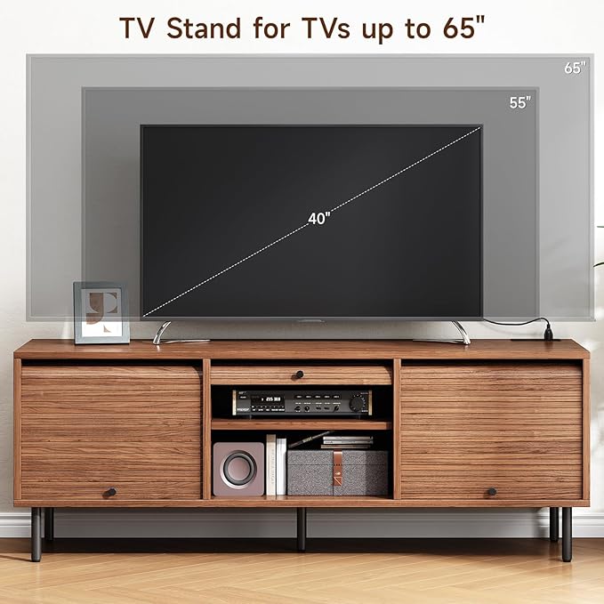 59 Inch TV Stand for TVs up to 65 Inch, Entertainment Center with Power Outlet, Mid-Century Modern TV Console with Storage, Adjustable Shelf & Sliding Doors, TV Stand for Living Room, Walnut