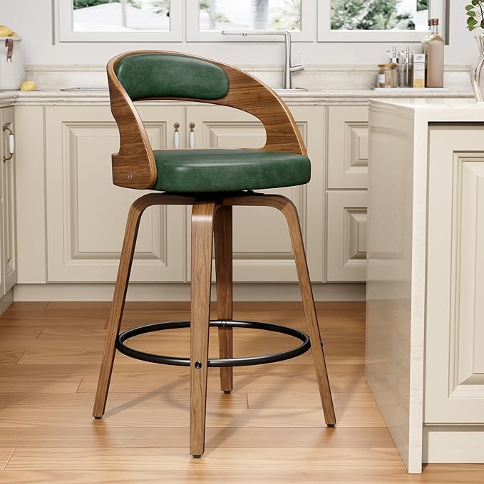 Swivel Bar Stools Set of 1, 26" Counter Height Bentwood Barstool, Mid-Century Modern PU Leather Upholstered Bar Chair with Back and Footrest, for Kitchen Island, Bar, Cafe, Dining Room, Green