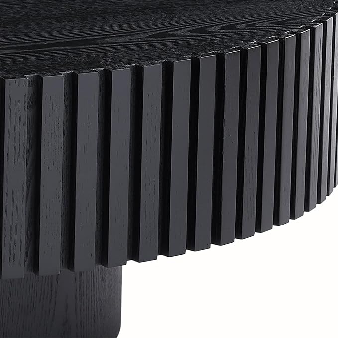 Round Coffee Table for Living Room, Accent Fluted Drum Coffee Table with Storage, Modern Solid Wood Circle Center Tea Table for Small Space Apartment (39.4''D×14''H-Black)