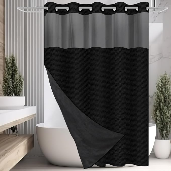 No Hook Shower Curtain with Snap in Fabric Liner Set, Black Chevron Shower Curtain for Bathroom, Washable and Water Repellent, See Through Mesh Top Window, 71x74 Inches