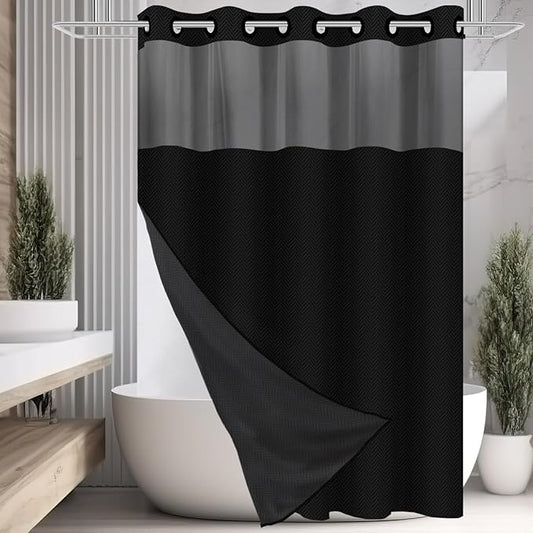 No Hook Shower Curtain with Snap in Fabric Liner Set, Black Chevron Shower Curtain for Bathroom, Washable and Water Repellent, See Through Mesh Top Window, 71x74 Inches
