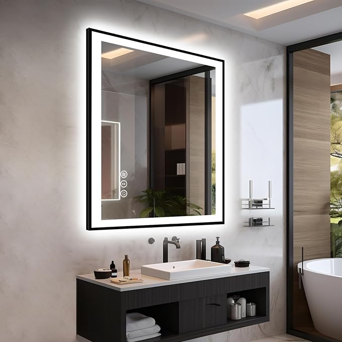32x36 LED Bathroom Mirror - Black Border (Front and Backlit), Anti-Fog Vanity Mirror with Lights,Stepless Dimmable Illuminated Mirror,3 Colors Smart Mirror(Horizontal/Vertical)