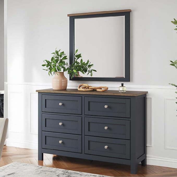 Signature Design by Ashley Landocken Casual 6-Drawer Dresser and Mirror with Safety Stop, Blue & Light Brown