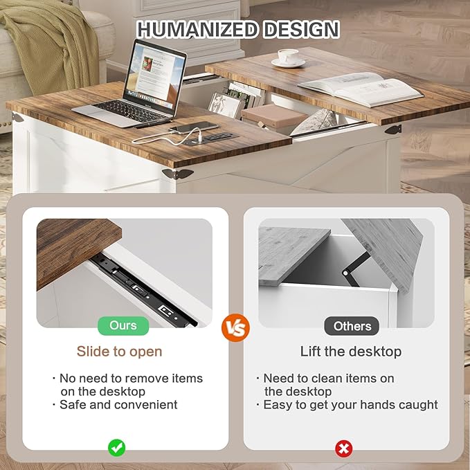 Lift Top Coffee Table with Storage, Square Coffee Table for Living Room with Charging Ports, Farmhouse Dining Table with Large Hidden Storage, White, 31.5"