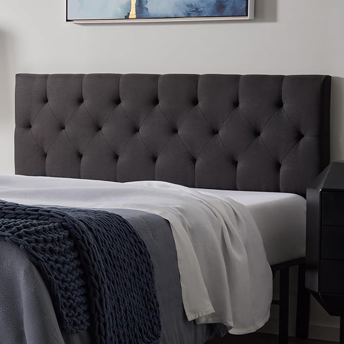 Lucid Mid-Rise Upholstered Headboard - Diamond Tufted - Padded Polyester - Adjustable Height from 34” to 46” - Easy Assembly - Bed Frame or Wall Mount - Sturdy - Charcoal - Full / Full XL Size