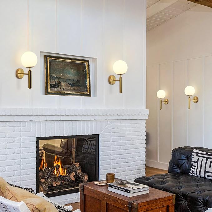 KCO Lighting Brass Wall Sconces Set of Two Milk Glass Globe Wall Light Brushed Gold Wall Sconce Modern Bathroom Wall Light Fixtures Mid Century Bedside Sconces Set of 2