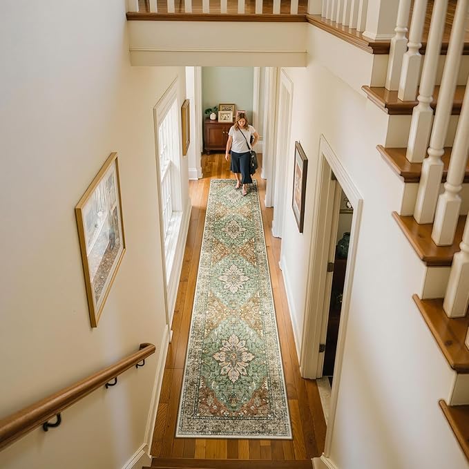Area Rugs 2'x10' Washable Non-Slip, Floral Vintage Distress Print Pattern Medallion Carpet for Living Room Bedroom Dining Room, Brick Red Rust Neutral Brown Burnt Orange Green
