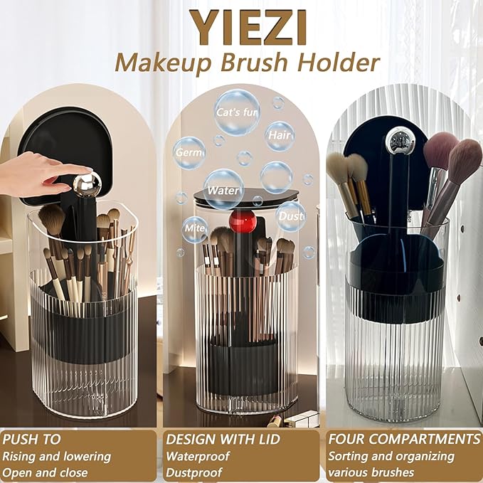Makeup Brush Holder with Lid, One-Hand Press Open/Close Mechanism Cosmetic Tools Organizer, Clear Waterproof Dustproof Make Up Storage for Vanity, Bathroom Countertop-Black-Red Ball