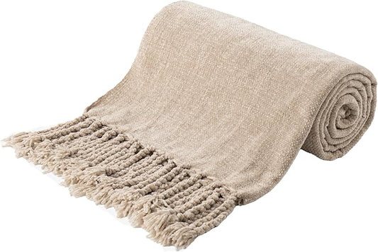 BATTILO HOME Beige Chenille Throw Blanket for Couch, Decorative Fringe Velvety Khaki Tan Throw Blanket for Sofa Home Decor, 50"x60"