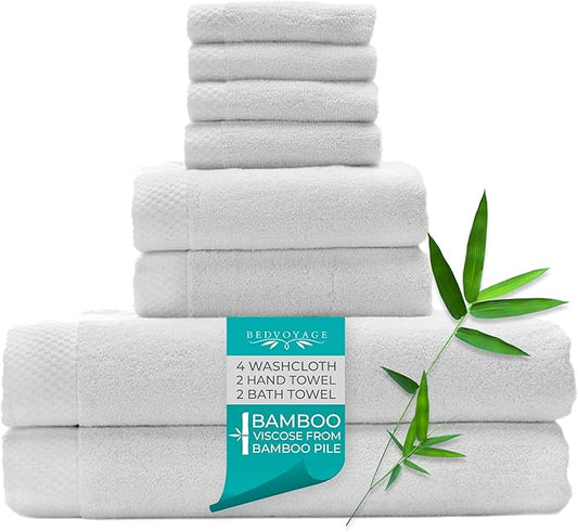 BedVoyage Luxury Bath Towels Set of 8 - Ultra Soft Plush Bathroom Towel Set - Highly Absorbent Viscose from Bamboo Bath Towels Ultra Soft - Spa Towel for Body - White
