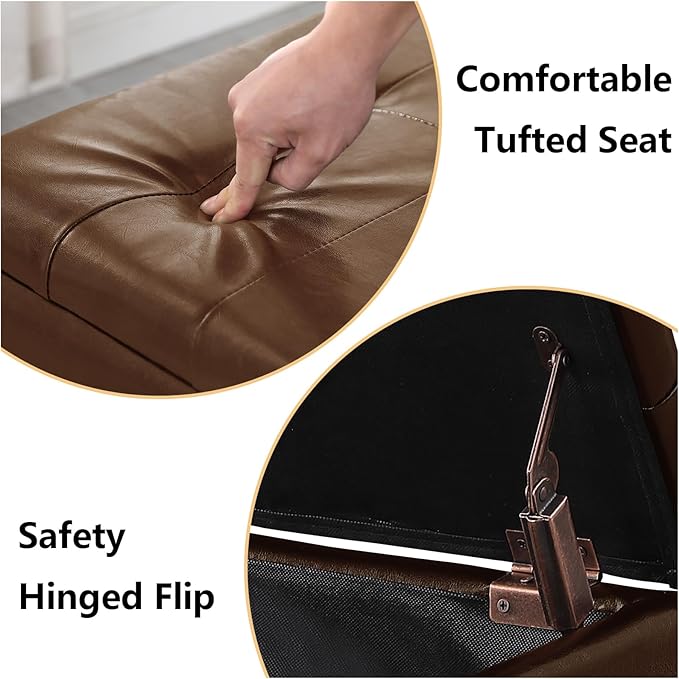 Ottoman with Storage Set of 3, 38'' Button Tufted Storage Ottoman with 2 Stools, Easy Open & Close w/Safety Hinges, Extra Seating Foot Rest for Living Room (Brown - PU Leather)