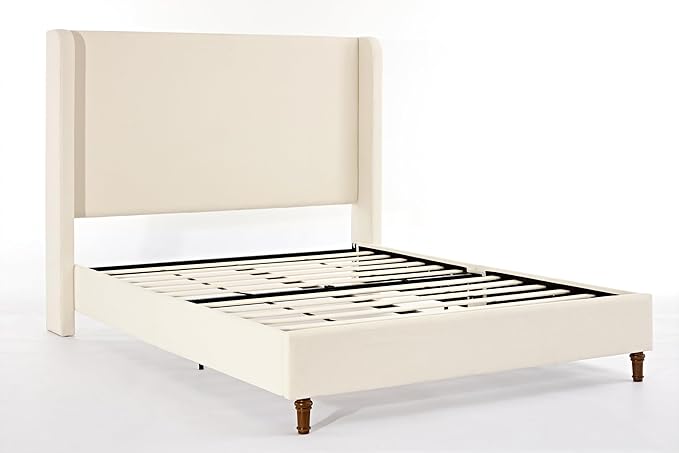 GDFStudio Tall Headboard Upholstered Bed,Queen Size Platform Bed Frame with Headboard Wingback,54" High No Box Spring Needed Easy Assembly Elegant Simplicity Ivory Boucle